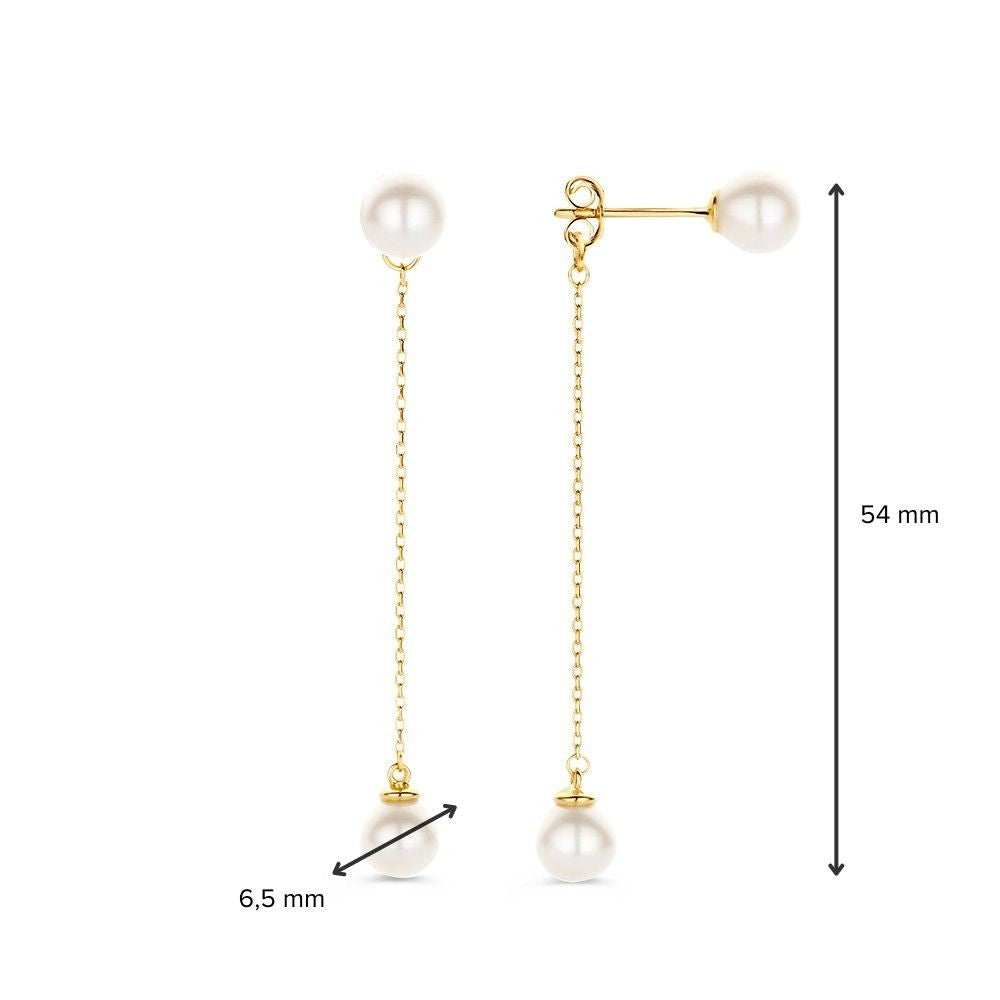 Aros de oro amarillo largos con perlas de 14 quilates