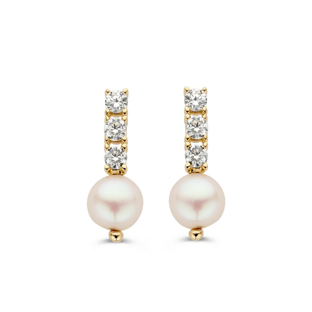 Pendientes de oro amarillo de 14 quilates con circonitas y perlas.
