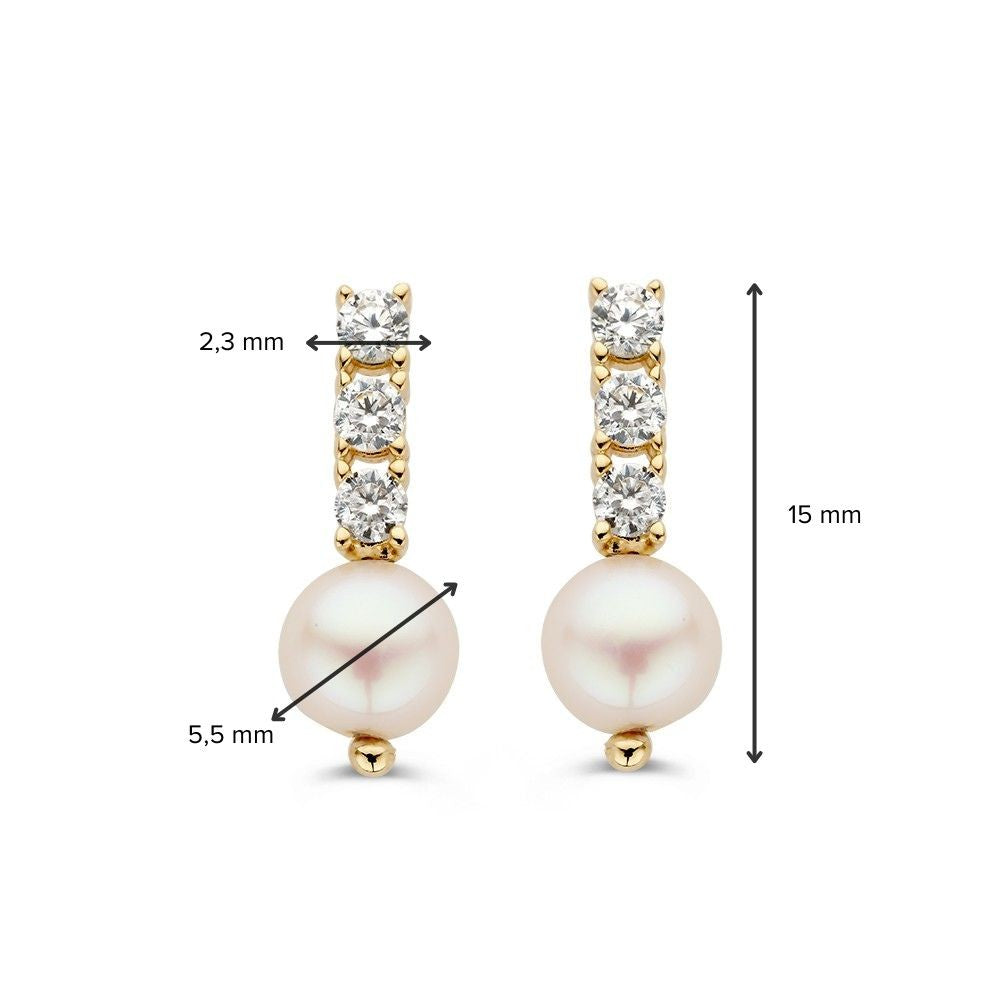 Pendientes de oro amarillo con circonitas y perlas de 14 quilates