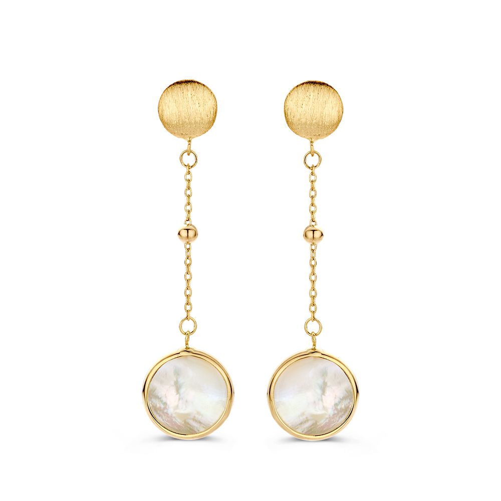 Pendientes largos de oro amarillo de 14 quilates con colgantes de nácar.