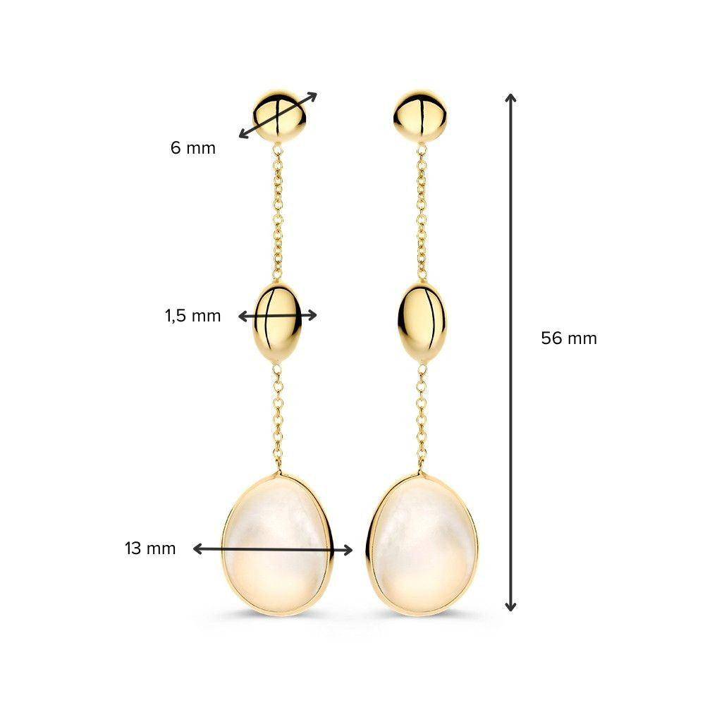 Aros de oro amarillo largos con nácar en forma orgánica 14 quilates
