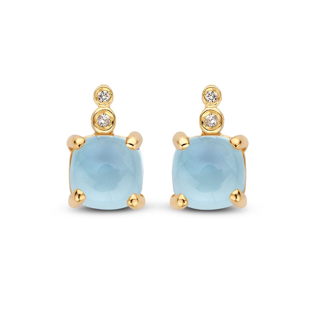 Pendientes de oro amarillo de 14 quilates con topacio azul cabochón y diamantes.