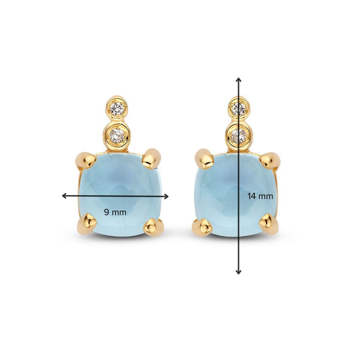 Stijlvolle Geelgouden Oorbellen met Cabochon Geslepen Blauwe Topaas en Diamanten 14 Karaat