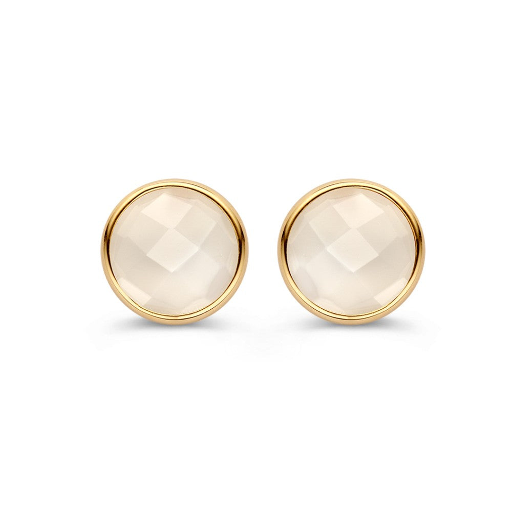 Elegante Geelgouden Oorstekers met Witte Maansteen – 14 Karaat