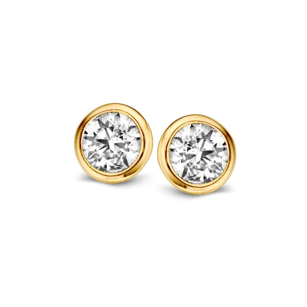 Pendientes de oro amarillo de 14 quilates con circonitas blancas, diseño clásico y redondo.