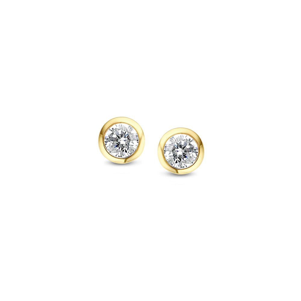 Pendientes de oro amarillo de 14 quilates con circonitas blancas, diseño redondo.