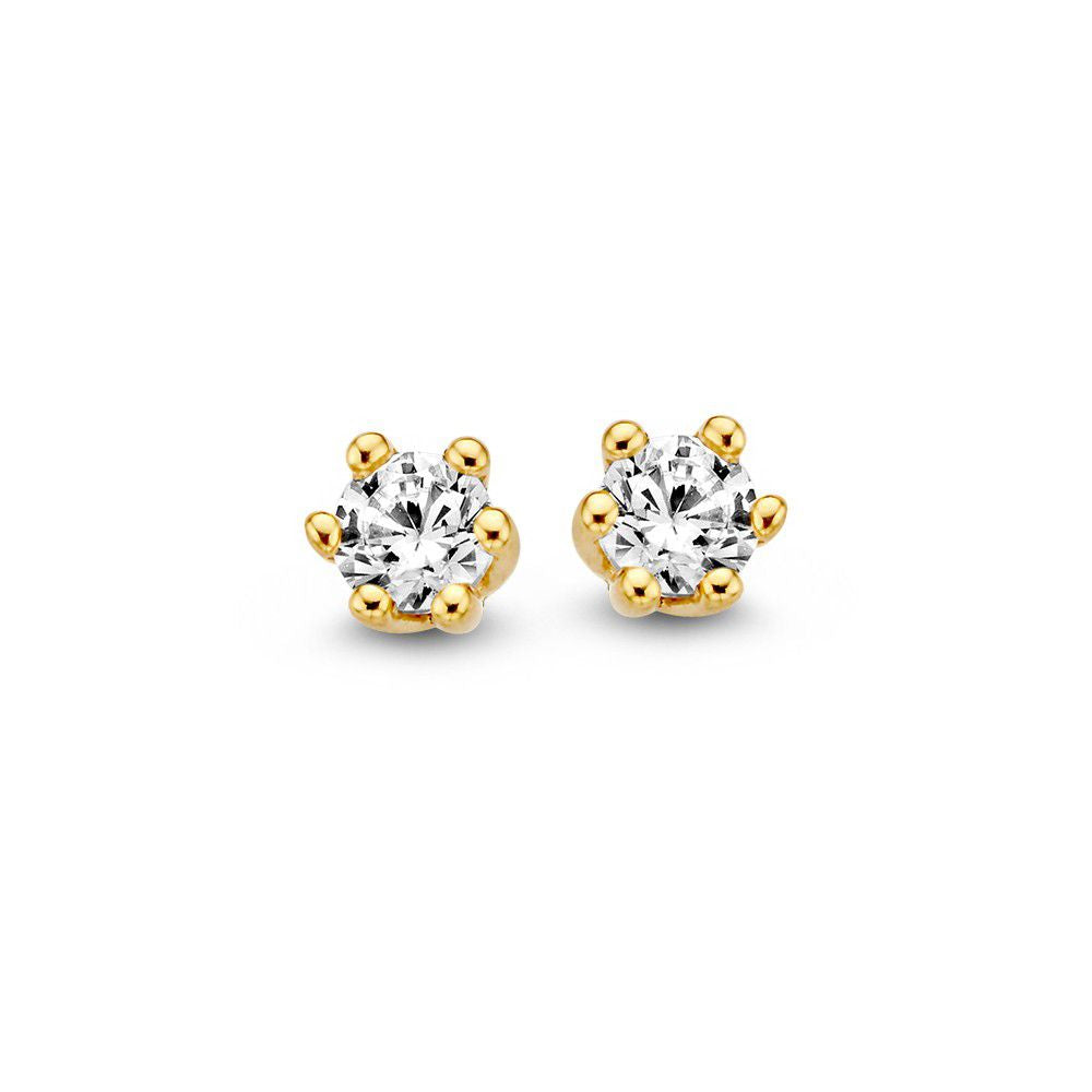 Pendientes de oro amarillo de 14 quilates con circonitas, diseño clásico y brillante.