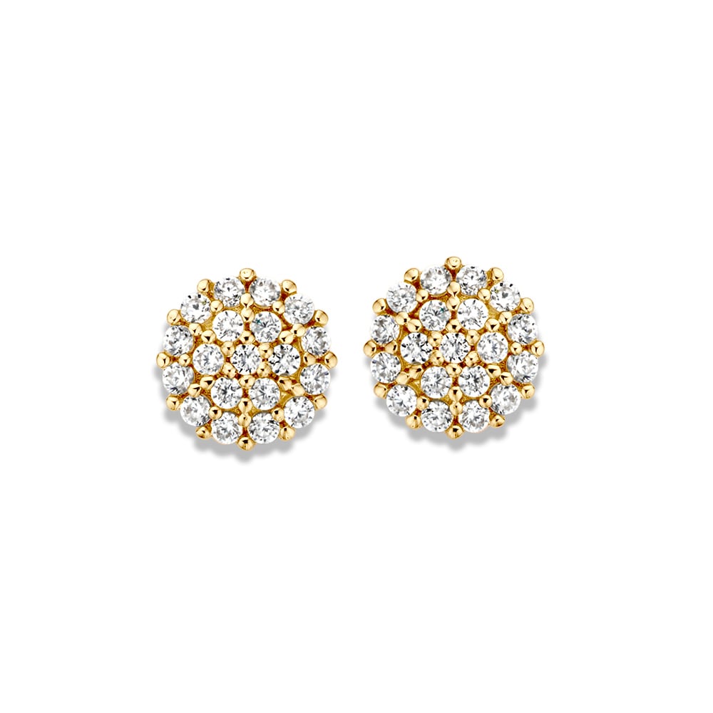 Pendientes de oro amarillo con circonitas, diseño sutil y refinado, forma redonda.