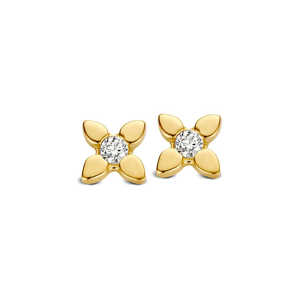 Pendientes de oro amarillo de 14 quilates con circonitas, diseño sutil en forma de flor.