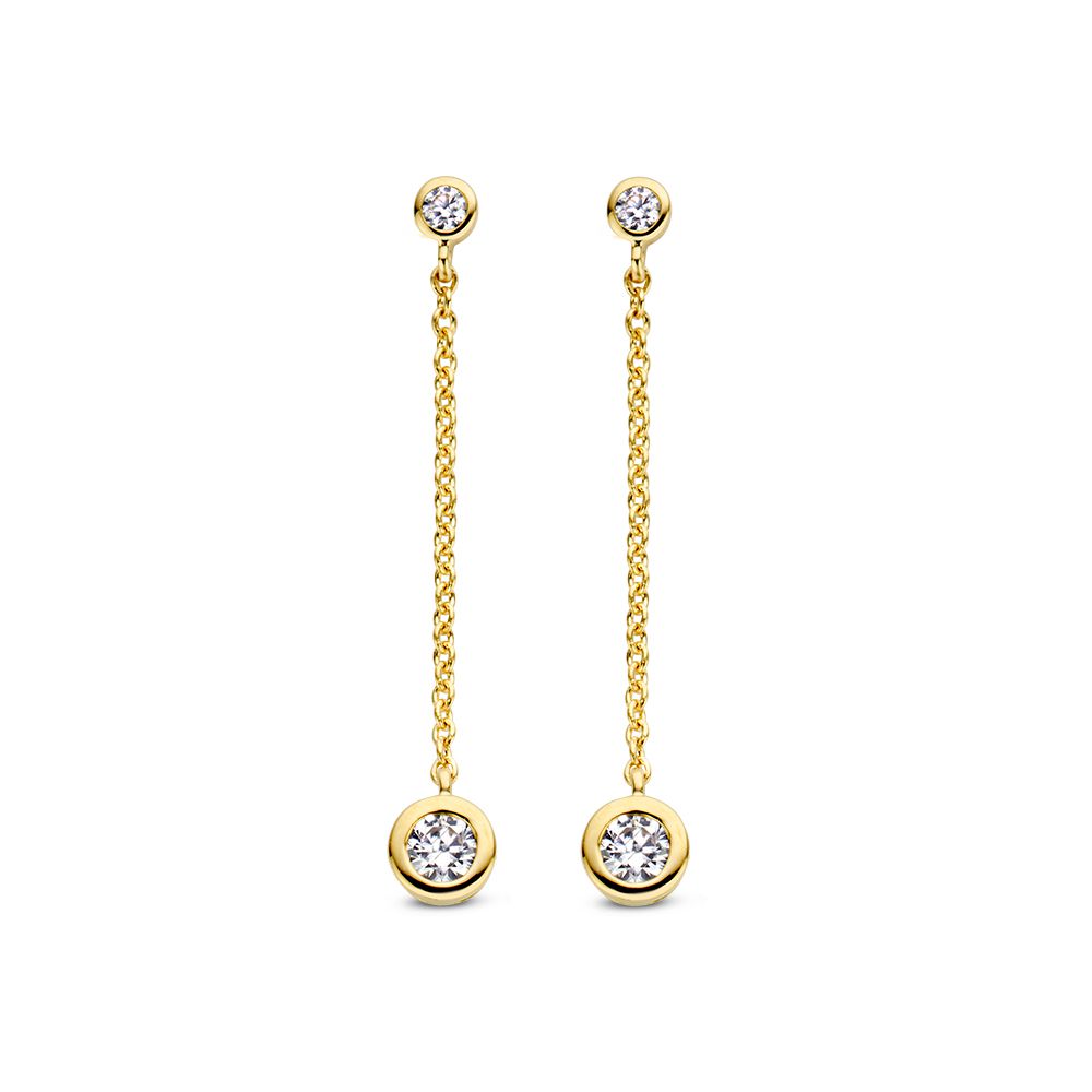 Pendientes largos de oro amarillo de 14 quilates con zircónias, diseño elegante y colgante.