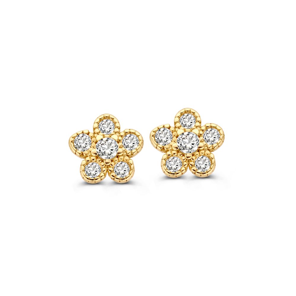 Pendientes de oro amarillo de 14 quilates con forma de flor y circonitas brillantes.
