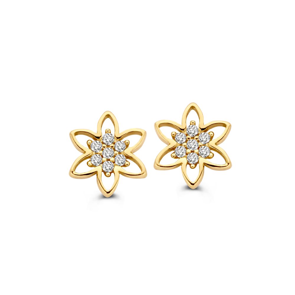 Pendientes de oro amarillo de 14 quilates con forma de flor y zirconias brillantes.