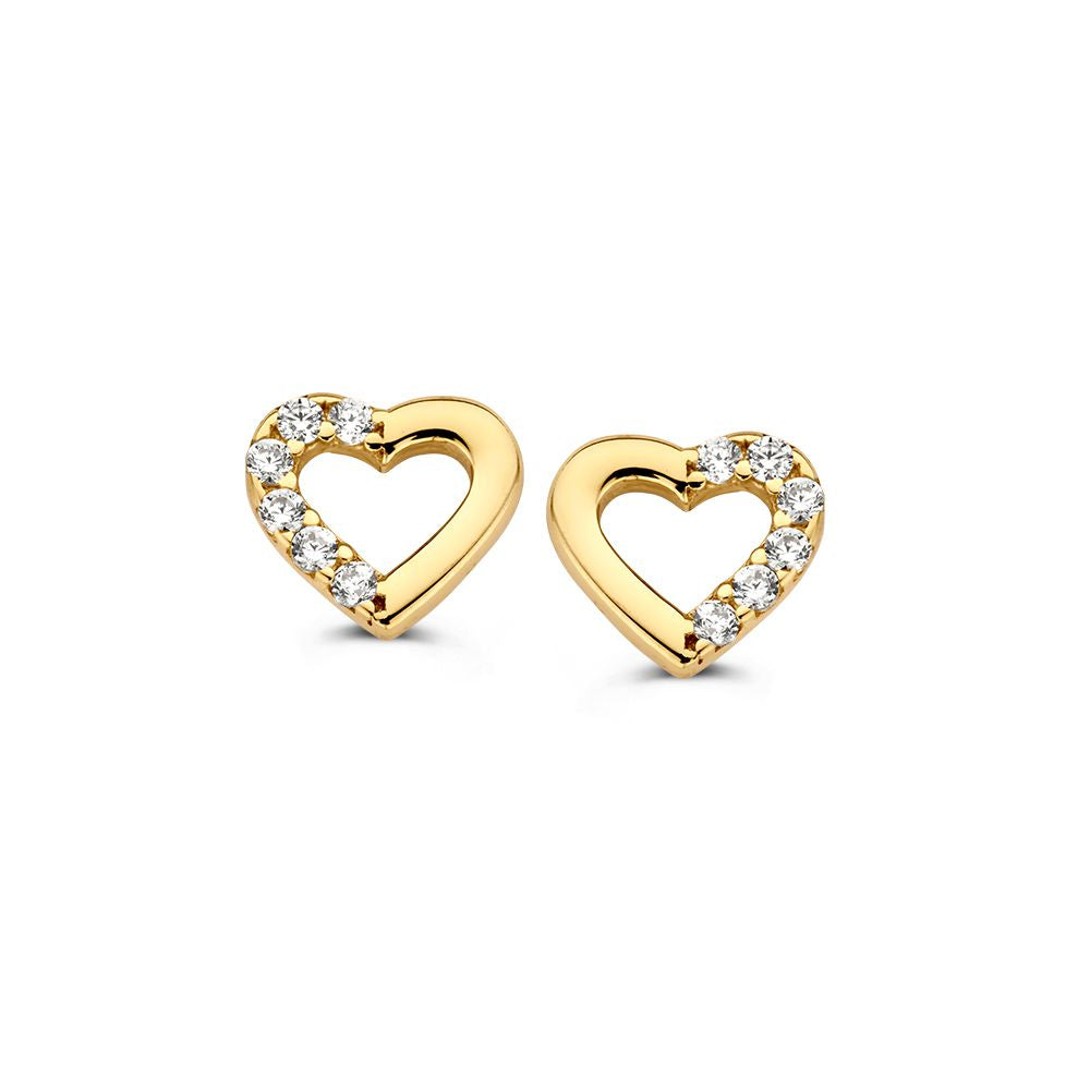 Pendientes de corazón en oro amarillo de 14 quilates con circonitas brillantes.