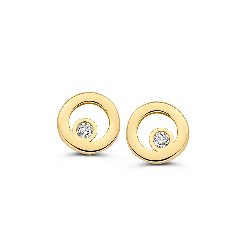 Pendientes de oro amarillo de 14 quilates con circonitas, diseño circular y brillante.