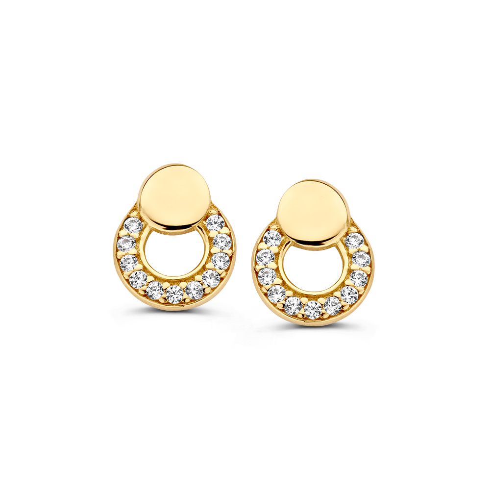 Pendientes de oro amarillo con circonitas, de forma redonda y diseño refinado.