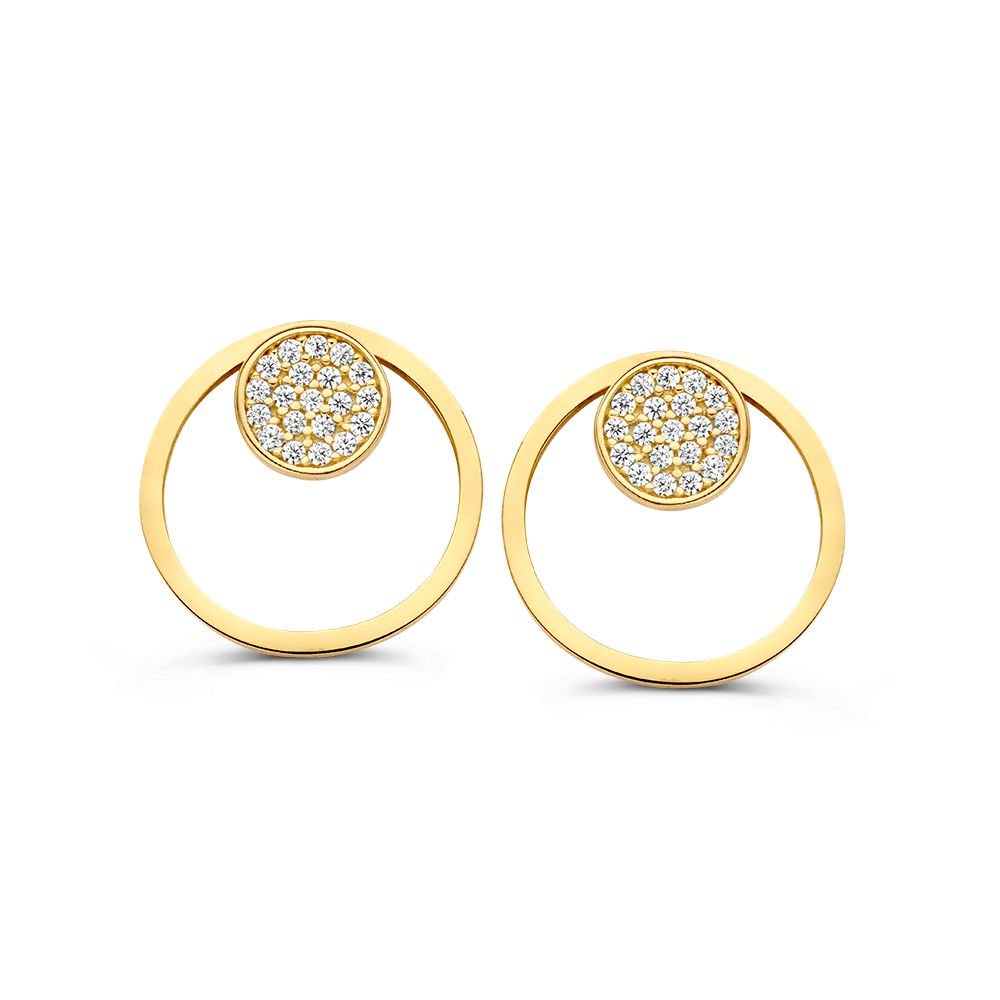 Pendientes de aro dorados con zircón, diseño juguetón y detalle circular en el centro.