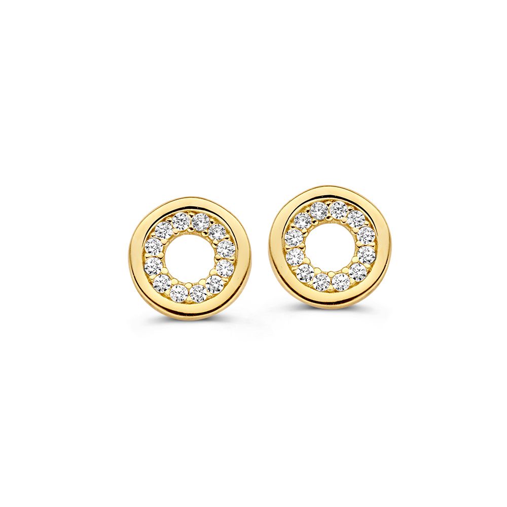 Pendientes de oro amarillo con zirconias en diseño redondo.