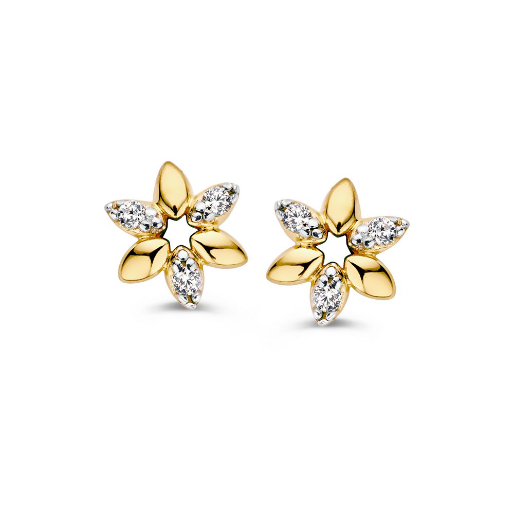 Geelgouden Oorstekers in Bloemvorm met Zirkonia – 14 Karaat, Delicate Luxe