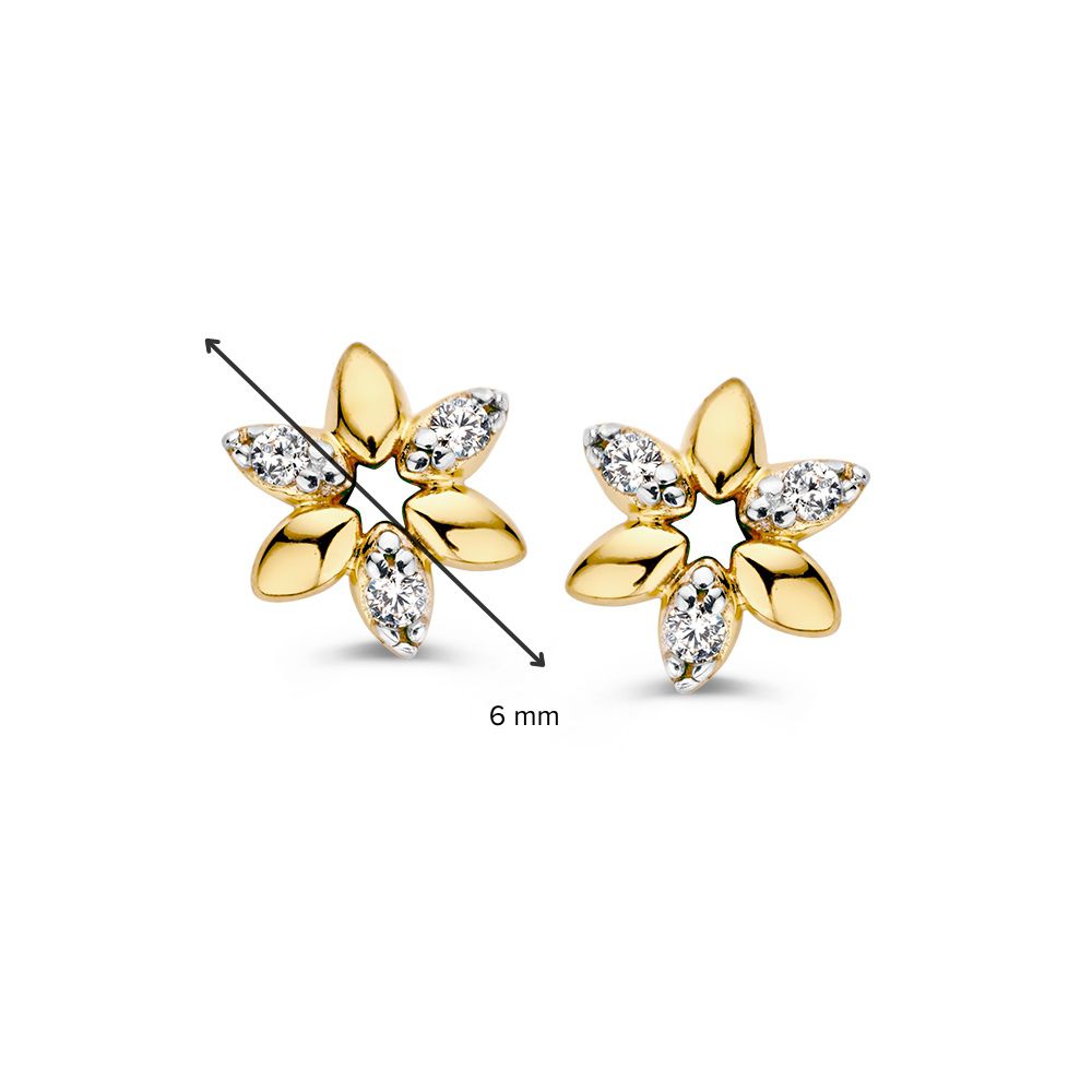 Pendientes de oro amarillo en forma de flor con circonitas – 14 quilates, lujo delicado