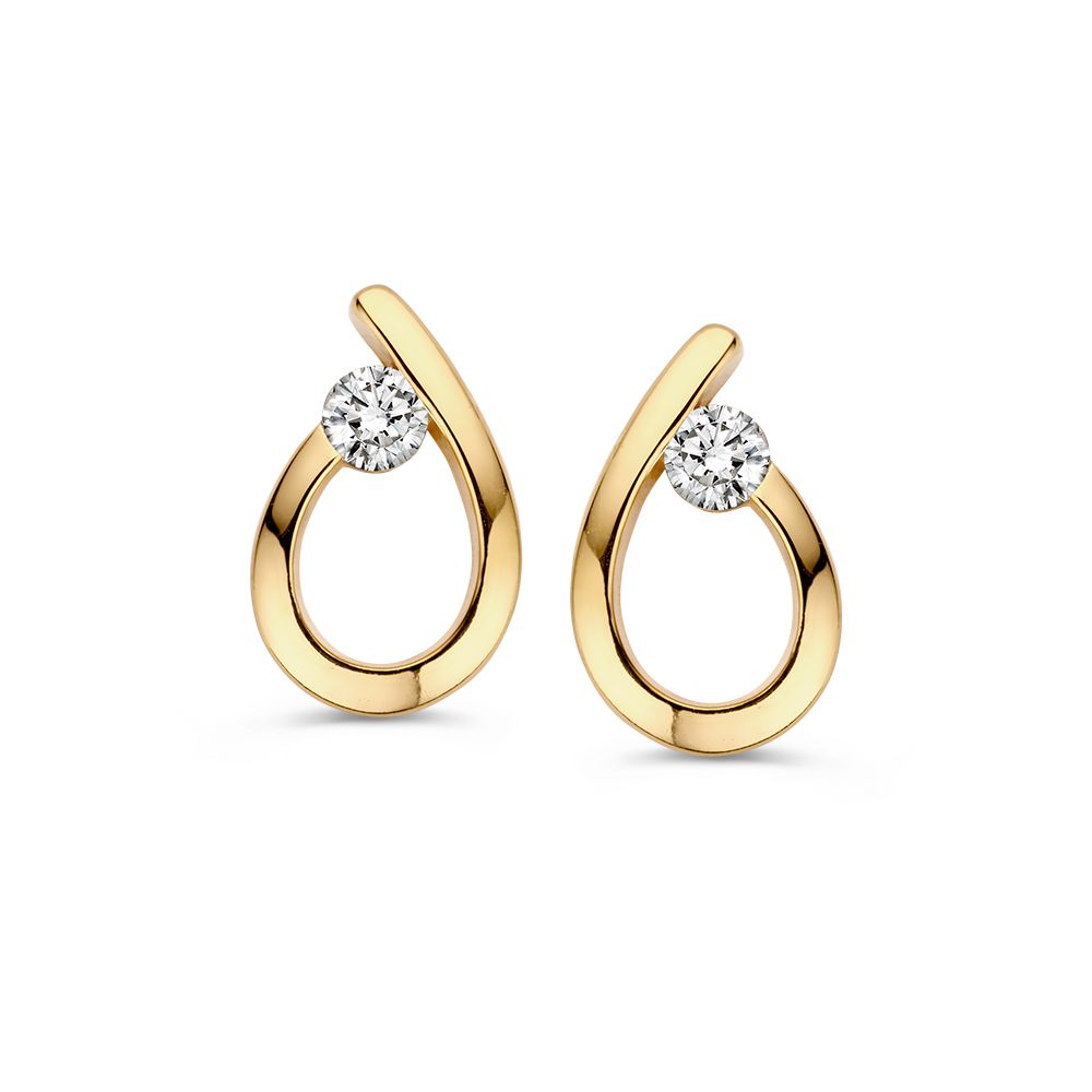 Pendientes de oro amarillo de 14 quilates con zirconia, en forma de gota con un diseño refinado.