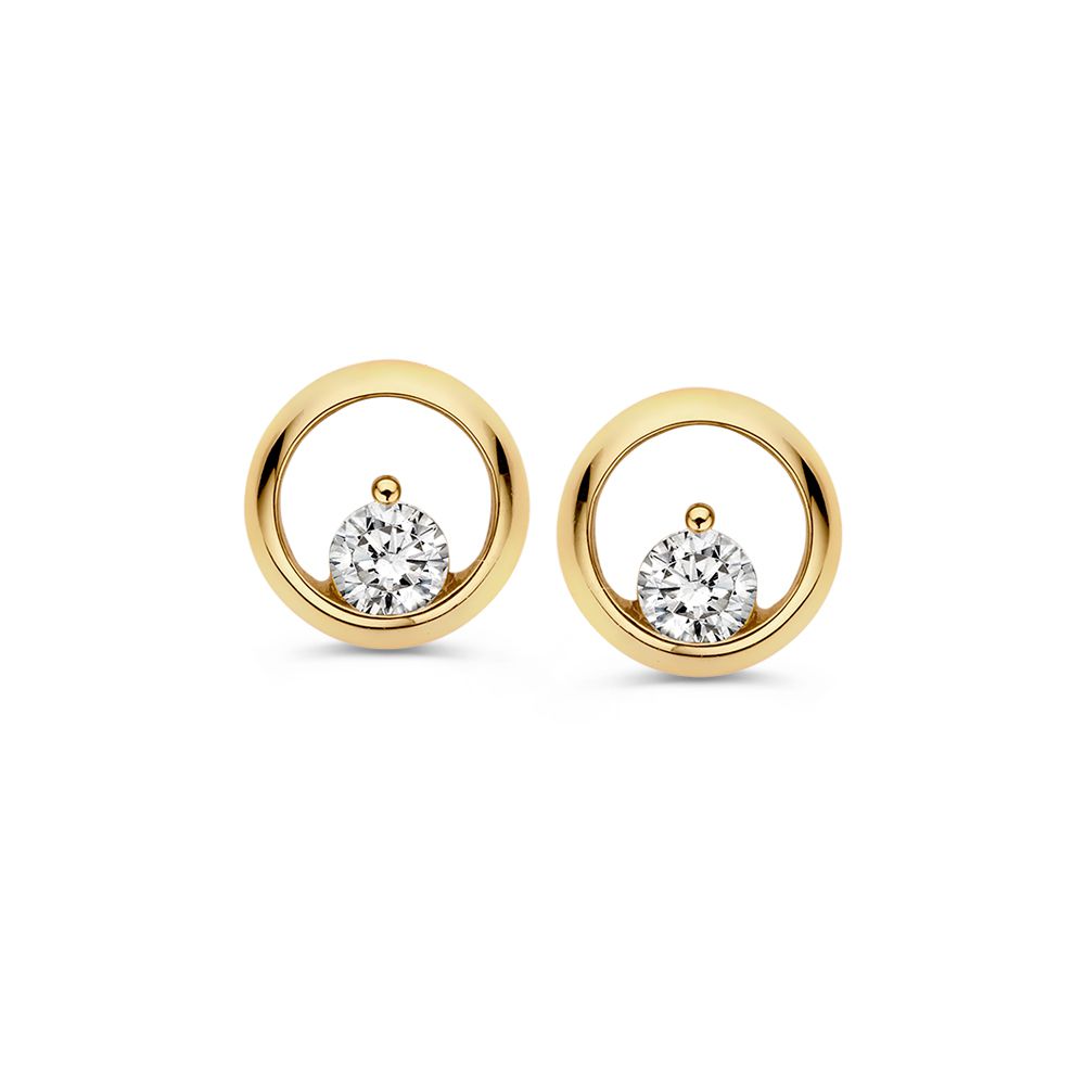 Pendientes de oro amarillo de 14 quilates con circonitas, diseño sutil en forma de aro.