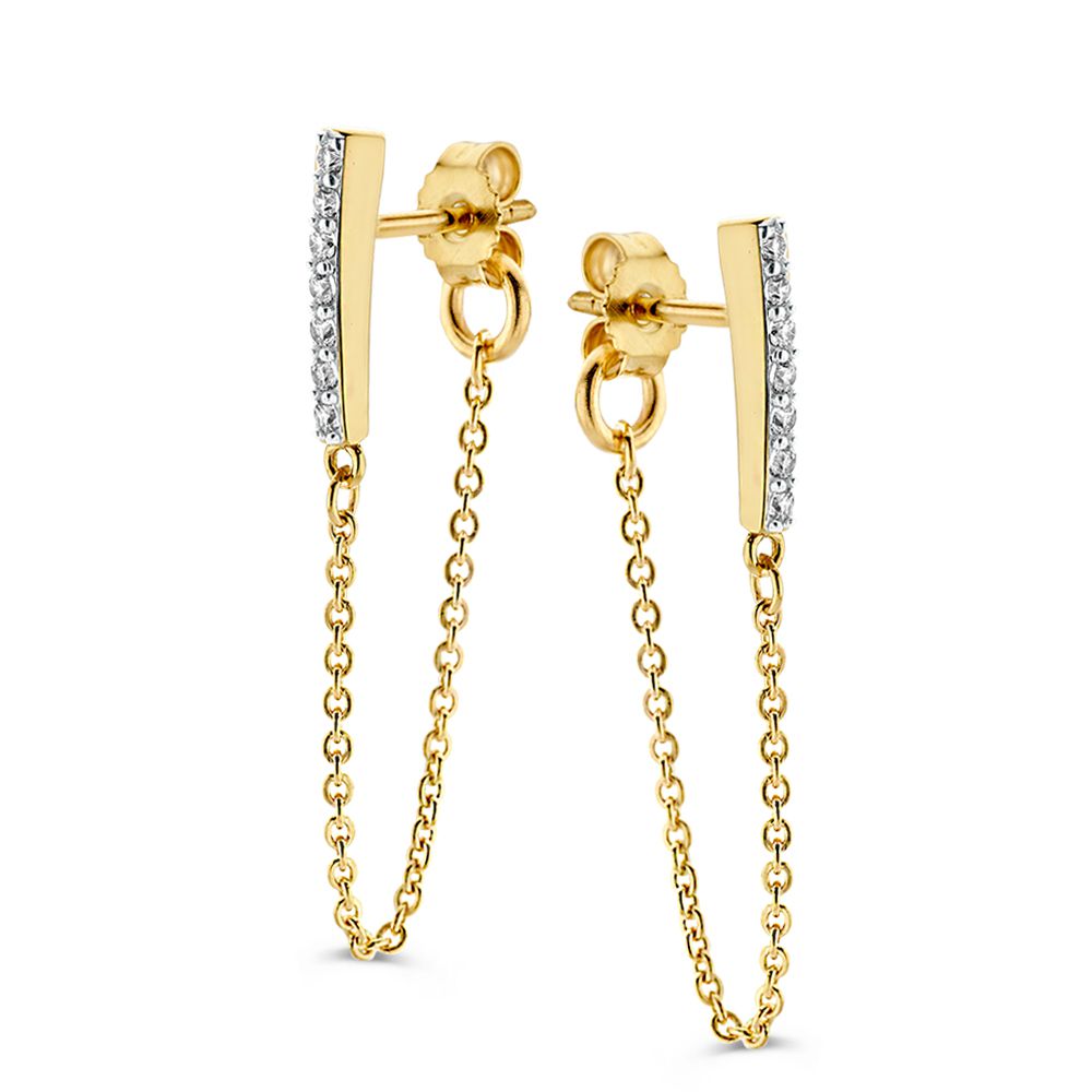 Pendientes de oro amarillo de 14 quilates con zirconias y cadena, diseño juguetón y elegante.