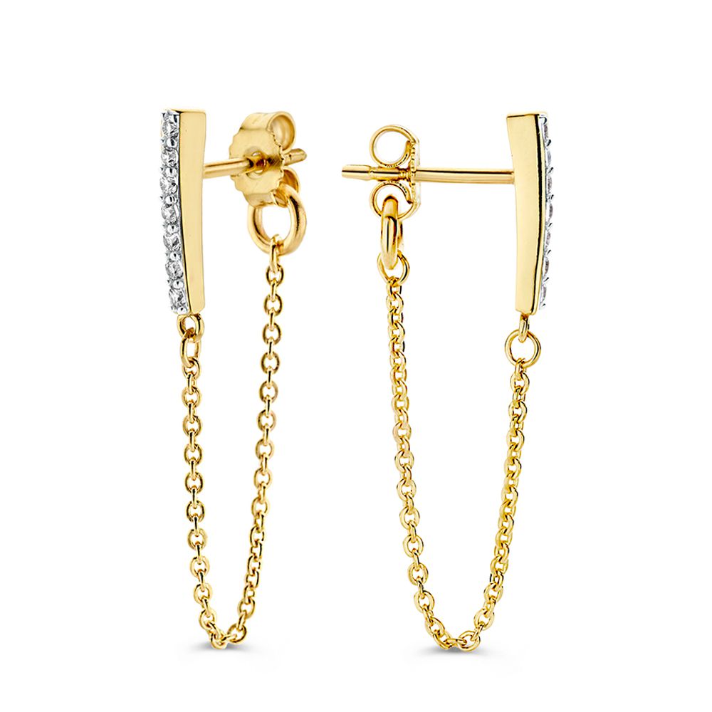 Aros de oro amarillo con circonitas y cadena - 14 quilates, juguetones y elegantes