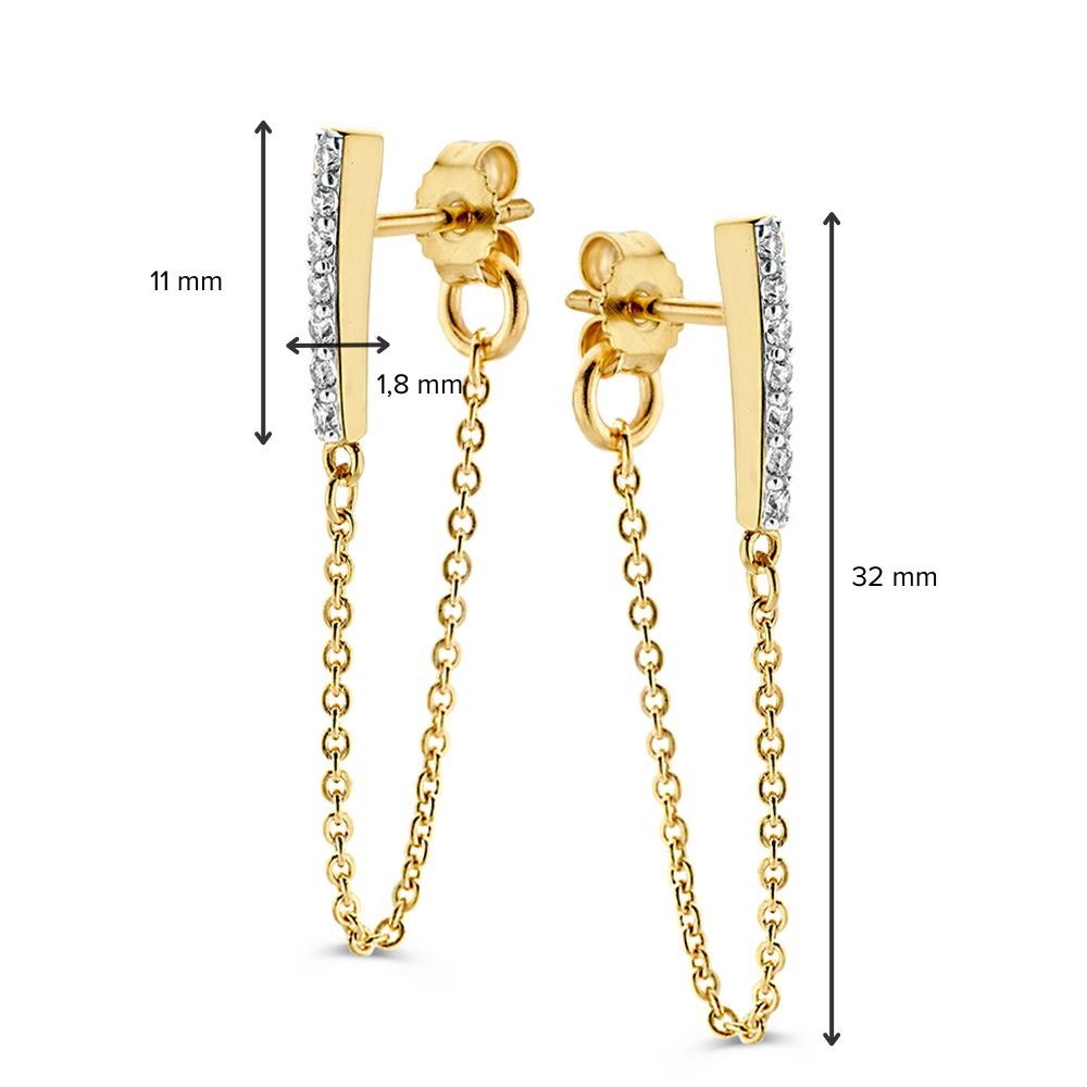 Aros de oro amarillo con circonitas y cadena - 14 quilates, juguetones y elegantes