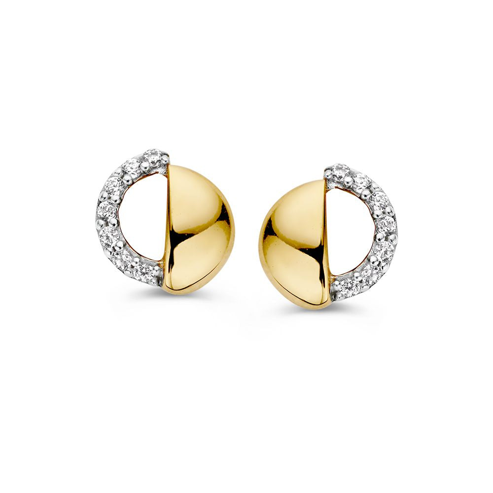 Pendientes bicolor de oro blanco y amarillo con circonitas, diseño elegante en dos colores.
