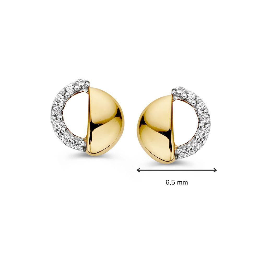 Bicolor Wit- en Geelgouden Oorknoppen met Zirkonia’s – 14 Karaat, Elegantie in Twee Kleuren