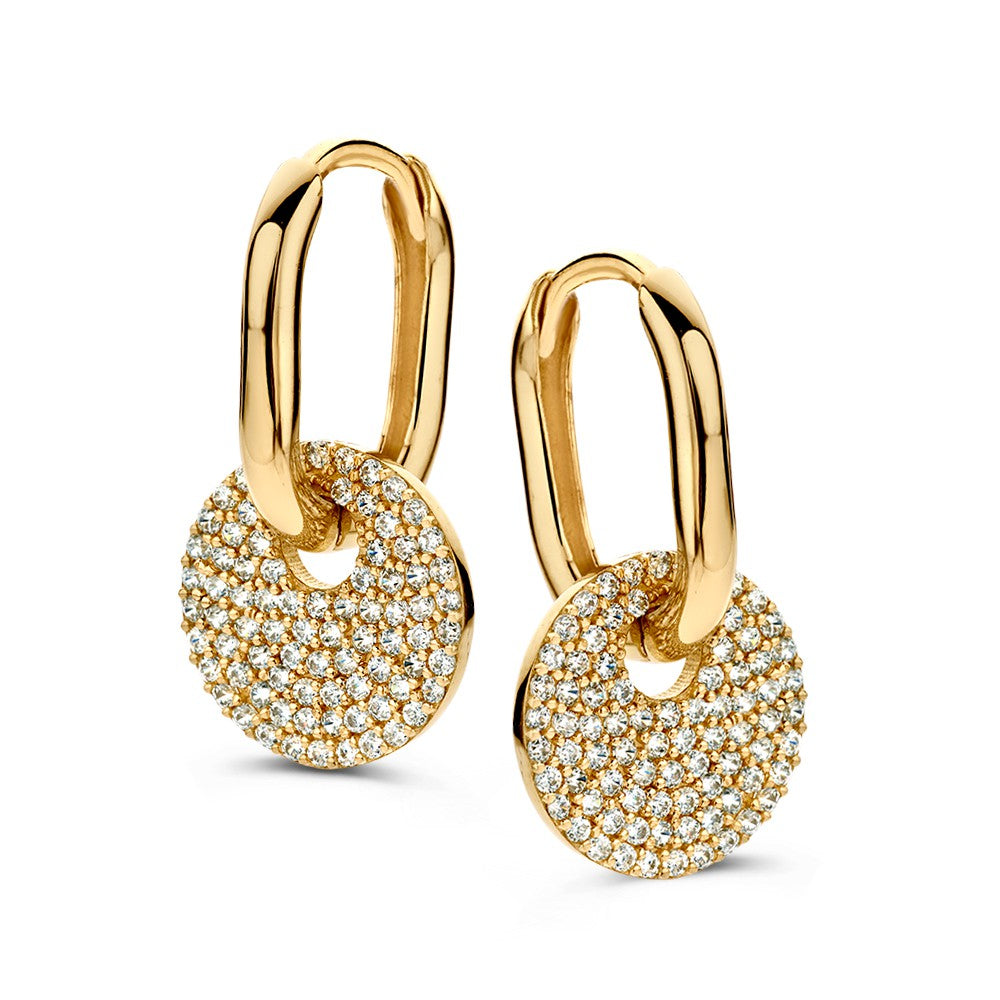 Aros de oro amarillo ovalados con charms de circonitas, ajustables y de lujo.