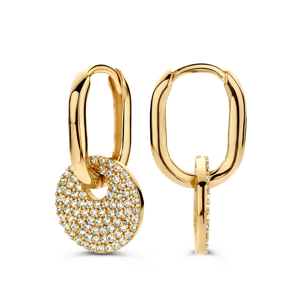 Aros de oro amarillo ovalados con charms de zirconia – 14 quilates, lujo ajustable