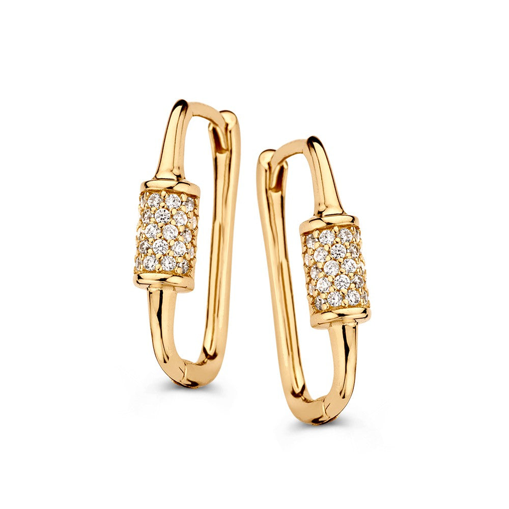 Pendientes de aro ovalados en oro amarillo de 14 quilates con zircón, diseño refinado y lujoso.