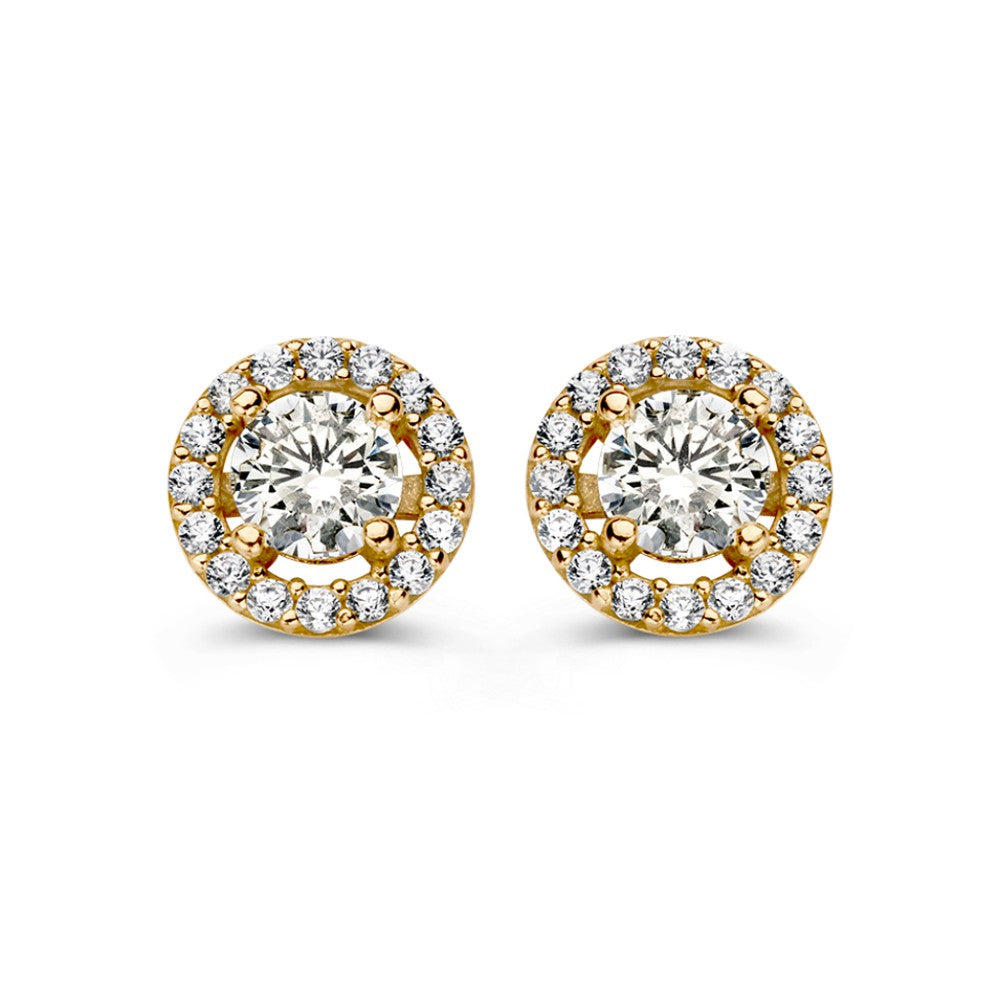 Geelgouden Oorstekers met Zirkonia in Halo-Setting – 14 Karaat, Tijdloze Elegantie