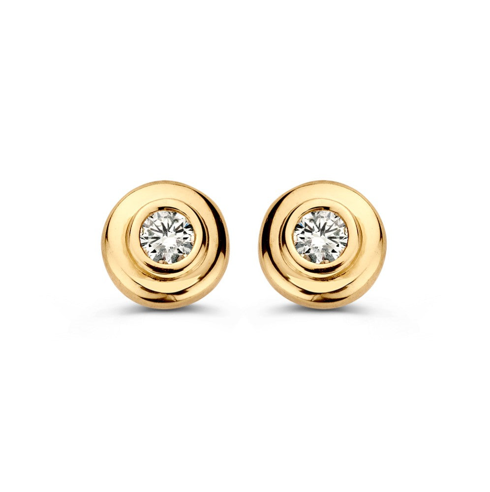 Pendientes de oro amarillo de 14 quilates con circonitas, en forma redonda y de pequeño tamaño.