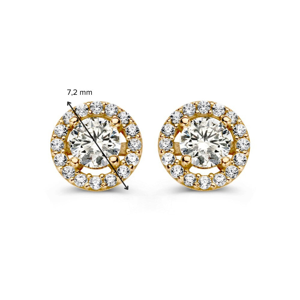 Pendientes de oro amarillo con circonitas en engaste halo – 14 quilates, elegancia atemporal
