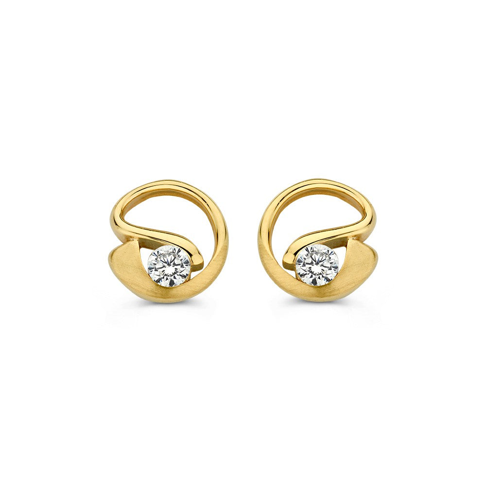 Pendientes de oro amarillo mate y pulido con circonitas, diseño en forma de espiral.