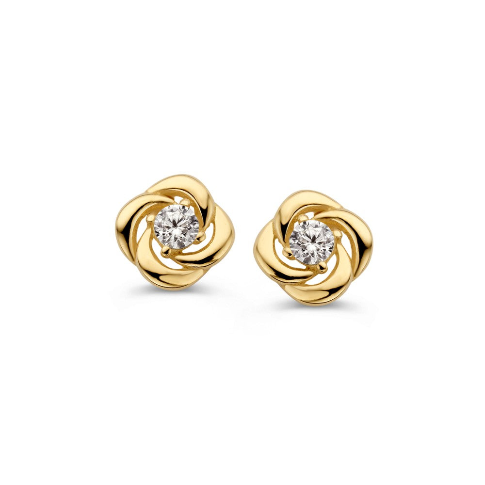 Pendientes de oro amarillo en forma de flor con circonitas, diseño sutil y lujoso.
