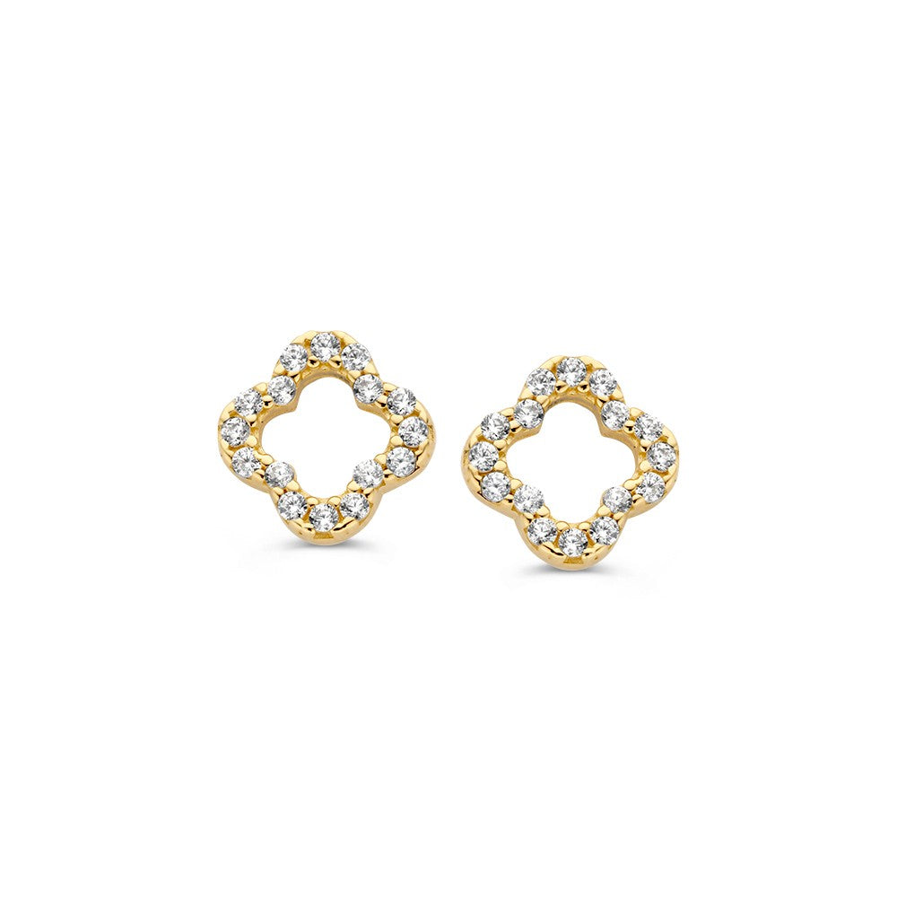 Pendientes de oro amarillo en forma de flor abierta con circonitas, lujo sutil.