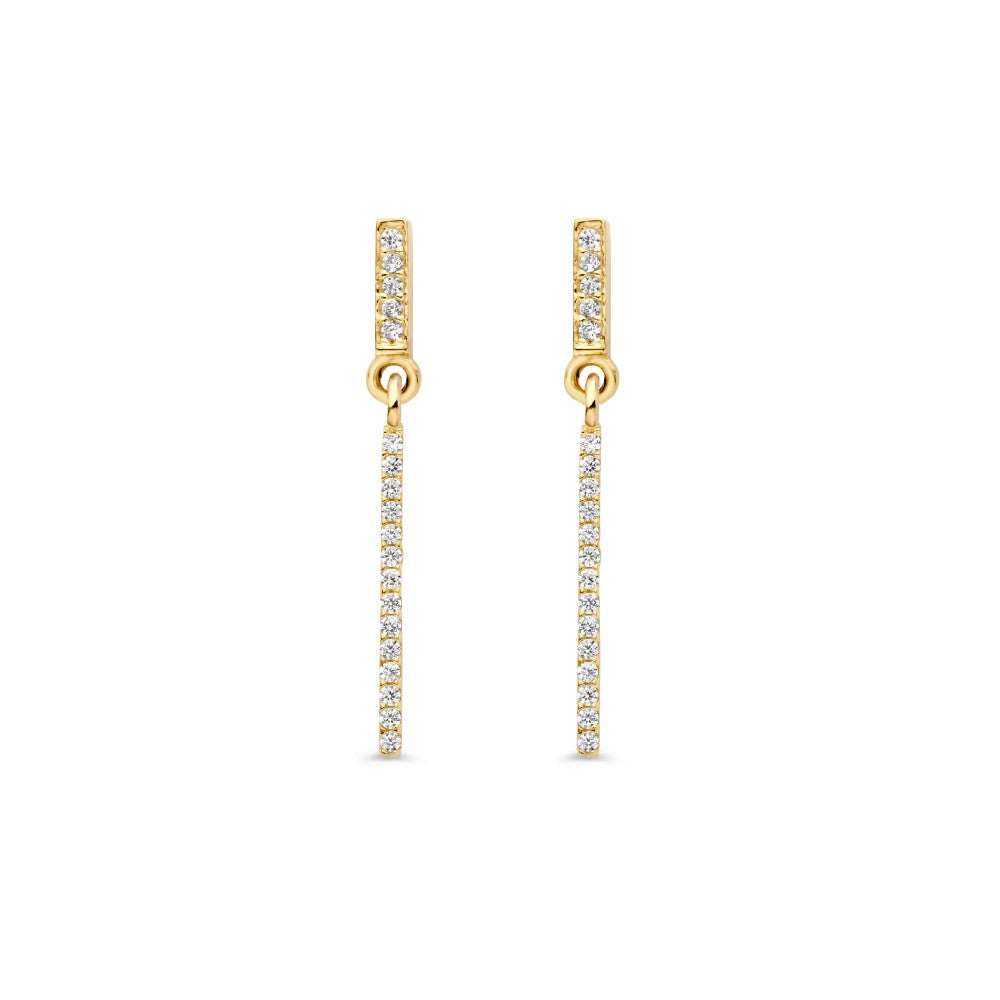 Pendientes largos de oro amarillo de 14 quilates con zirconitas brillantes.