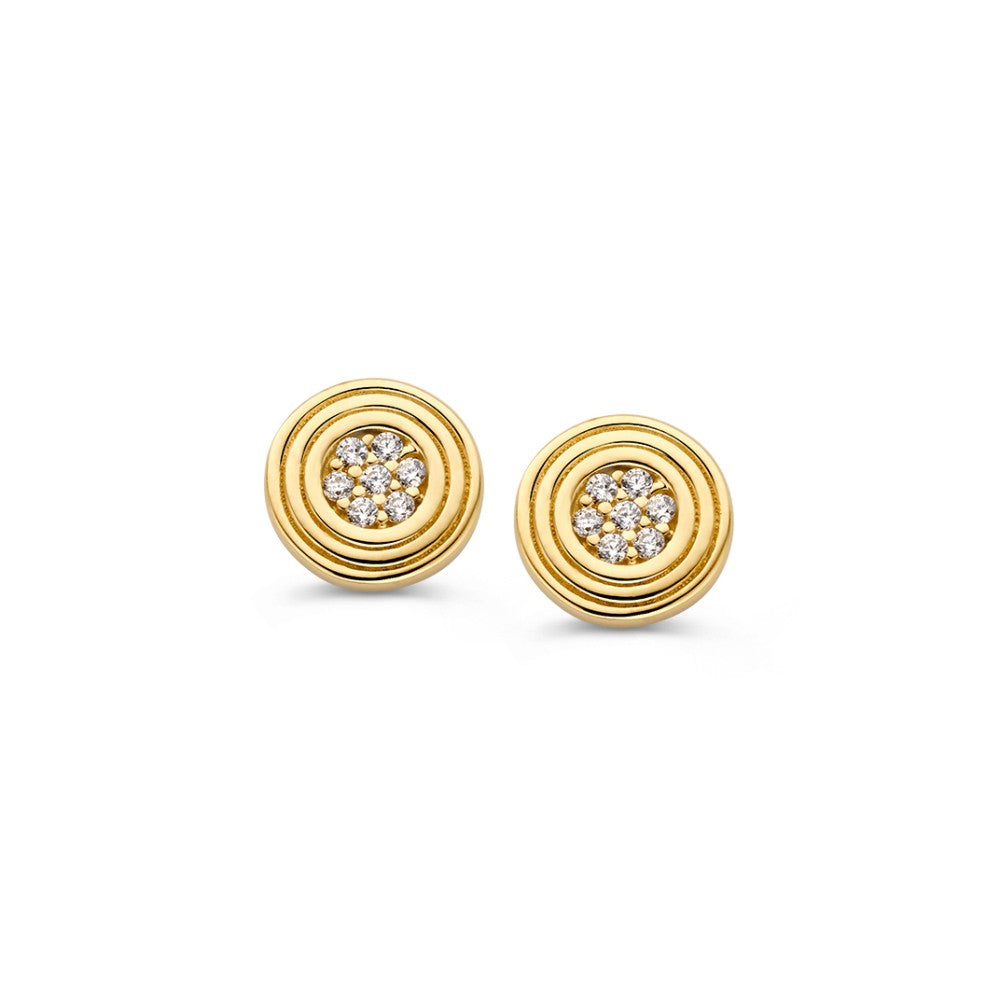 Pendientes redondos de oro amarillo de 14 quilates con diseño plano y circonitas brillantes.