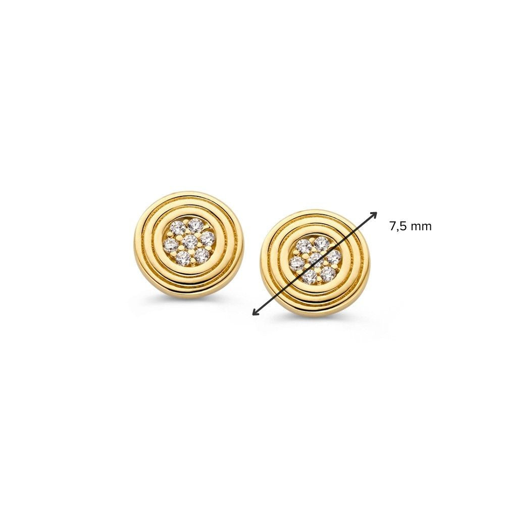 Pendientes de oro amarillo redondos con circonitas – 14 quilates, diseño plano