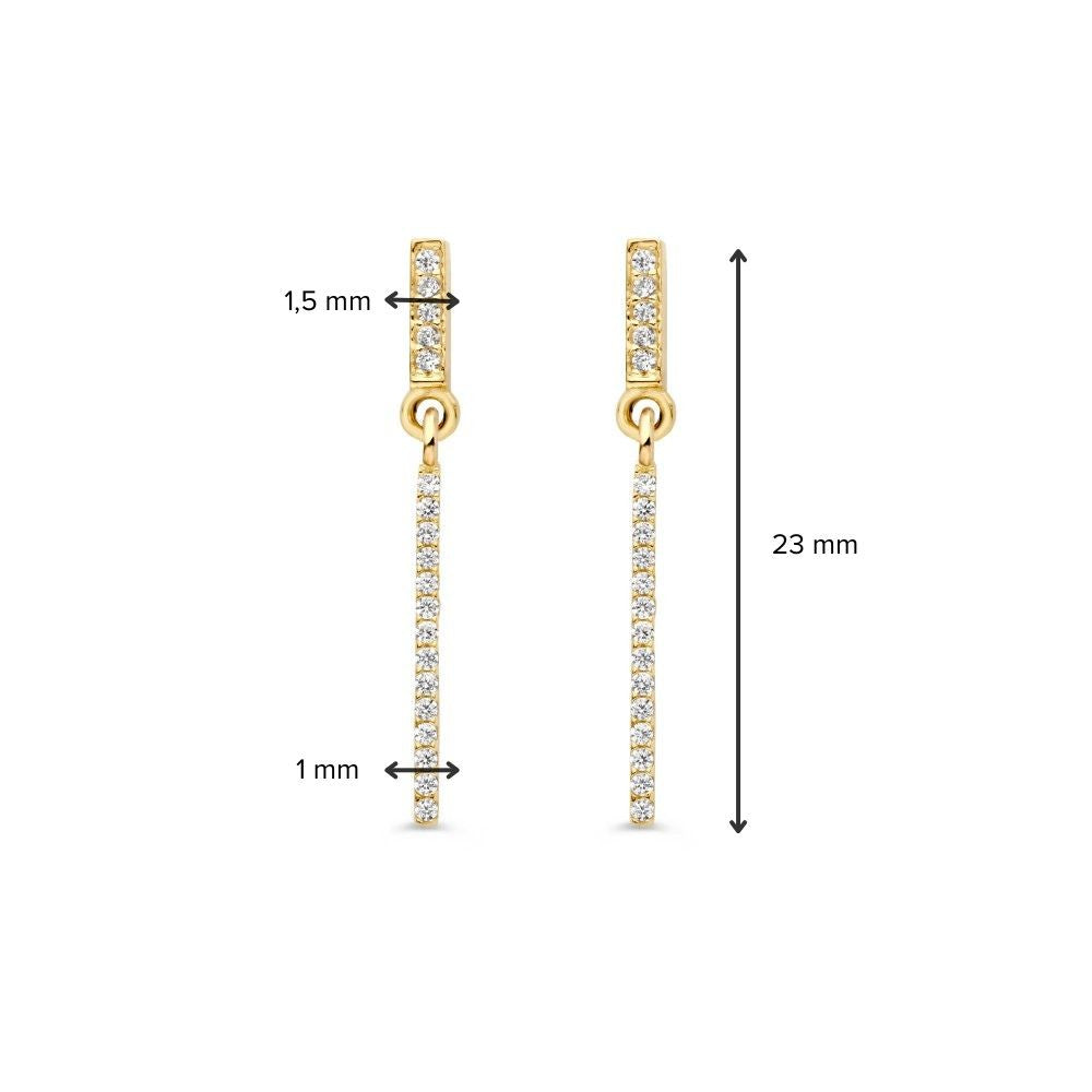 Pendientes de oro amarillo con colgantes largos y circonitas – 14 quilates, elegancia en movimiento