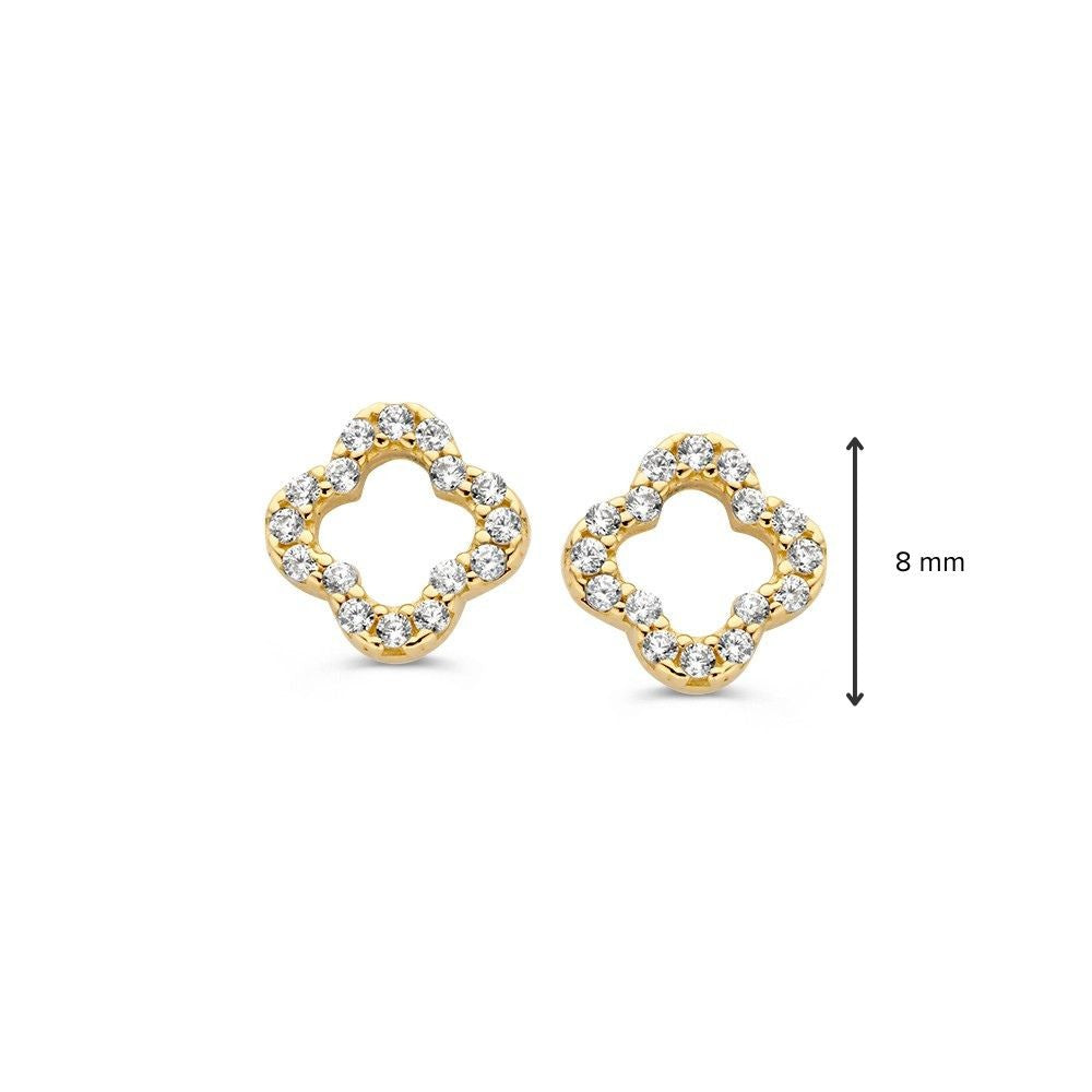 Pendientes de oro amarillo en forma de flor abierta con circonitas – 14 quilates, lujo sutil