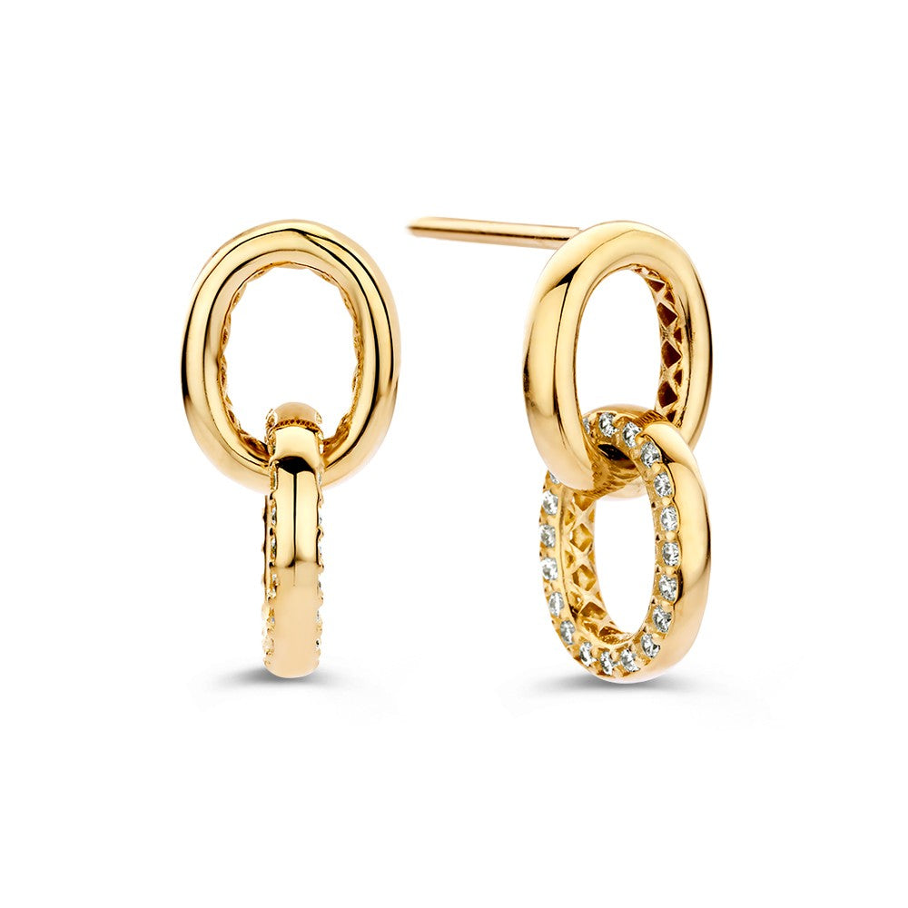 Pendientes de oro amarillo con charm redondo y circonitas – Lujo juguetón