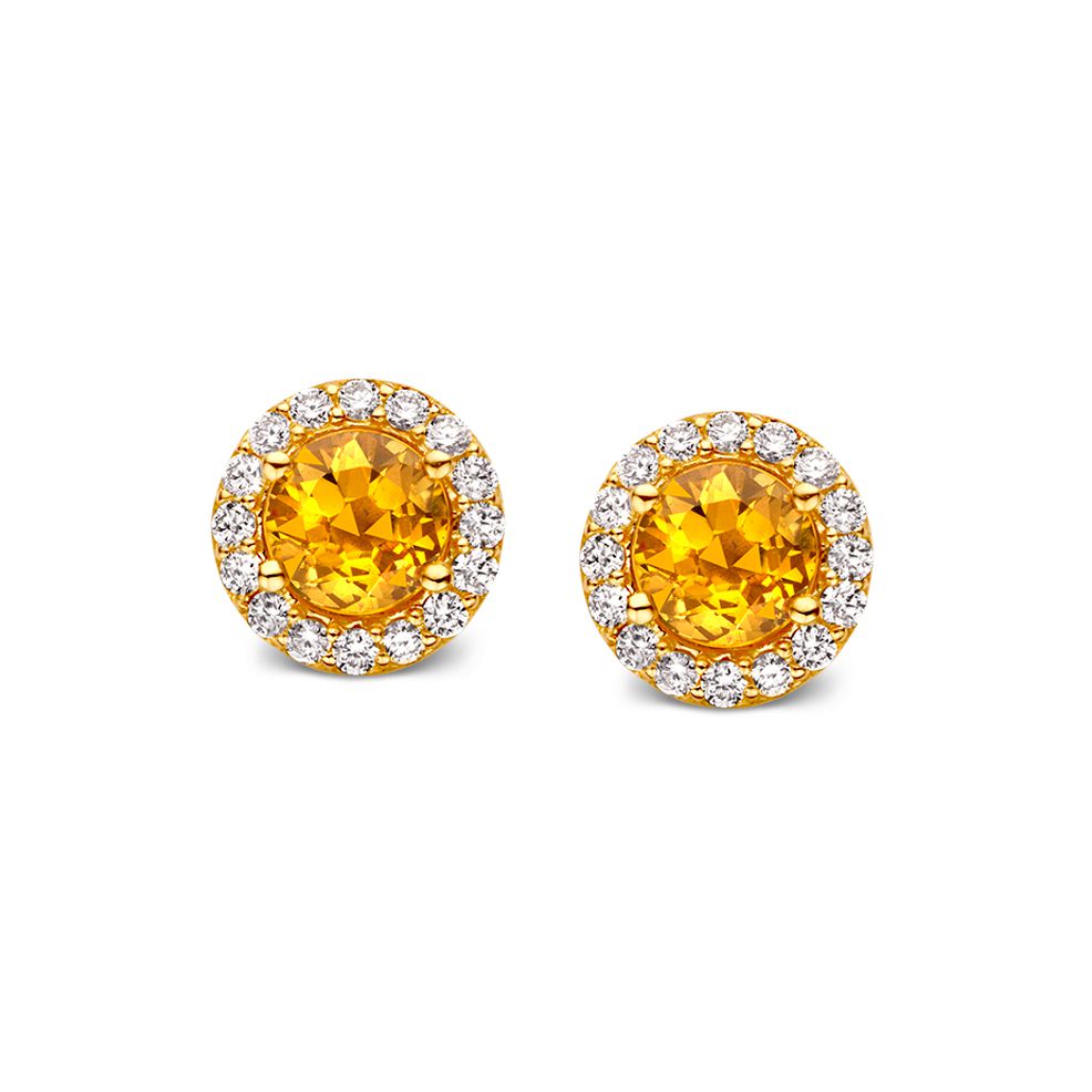 Pendientes de oro rosado con zafiros naranjas y diamantes, con forma redonda y detalles brillantes.
