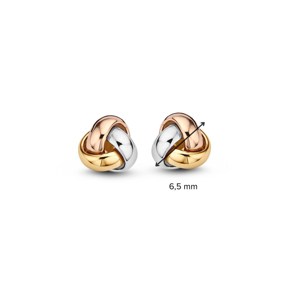 Pendientes de botón en oro tricolor, modelo de nudo – 14 quilates, lujo sutil