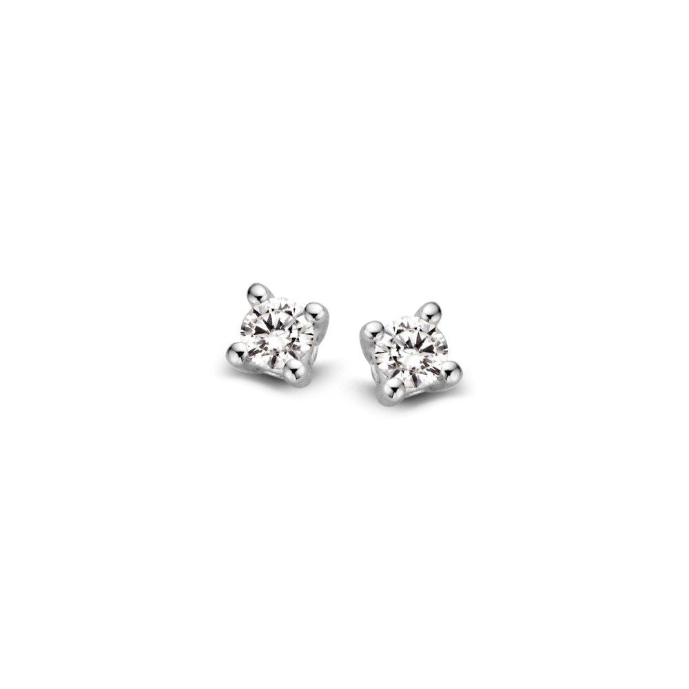 Pendientes de solitario de oro blanco de 14 quilates con 2 diamantes brillantes de 0,05 ct cada uno.