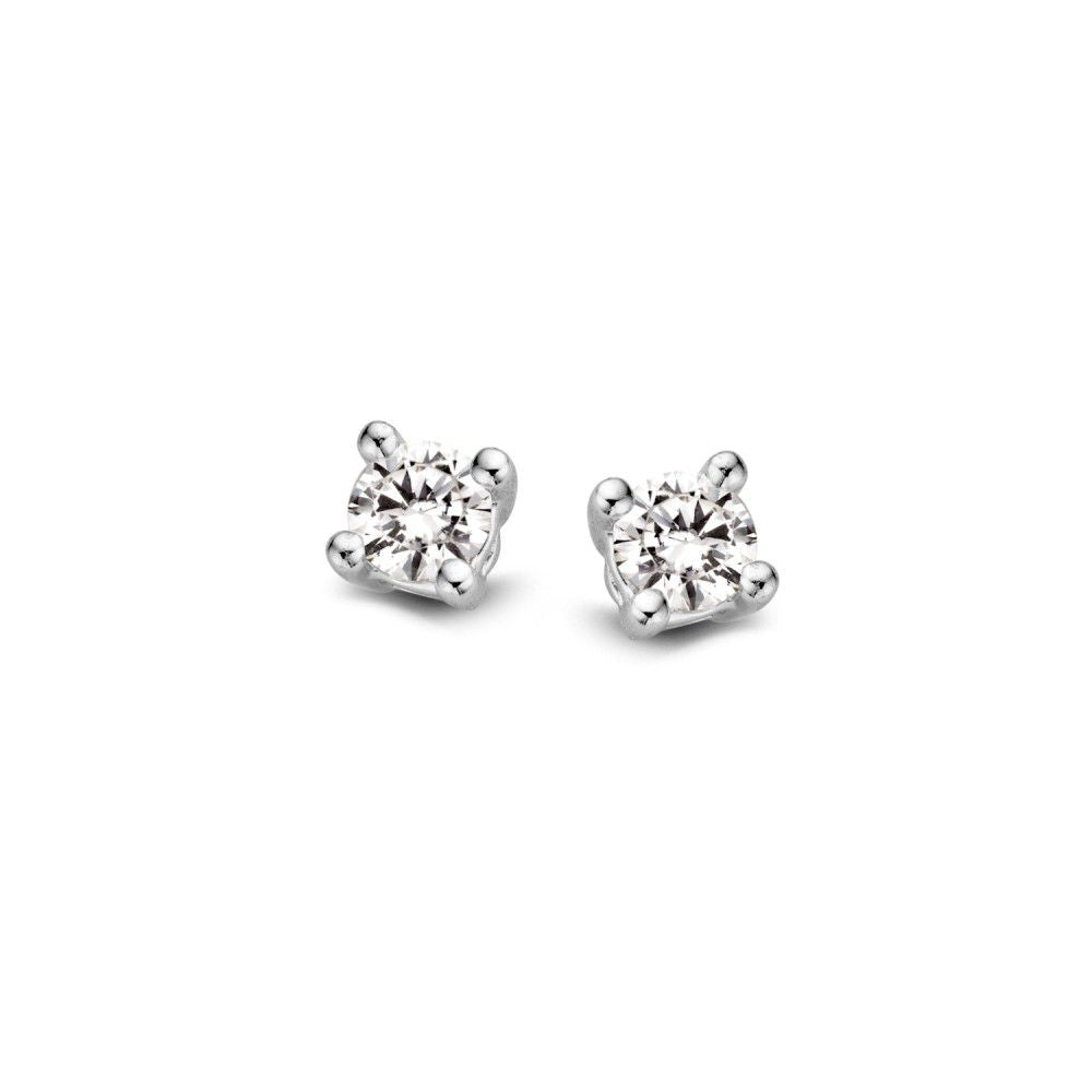 Pendientes de primera puesta de oro blanco de 14 quilates con 2 diamantes brillantes de 0,10 ct.
