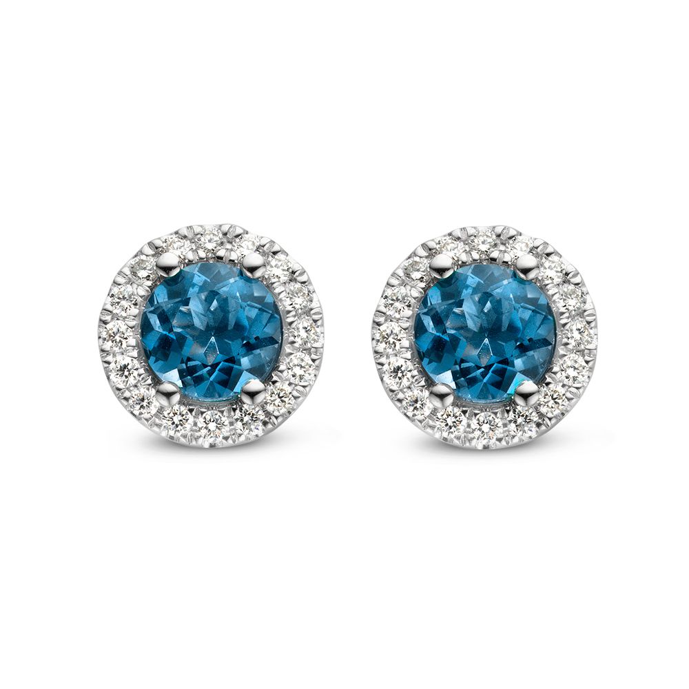 Pendientes de oro blanco con topacio azul y diamantes, 14 quilates, 1.92 ct.